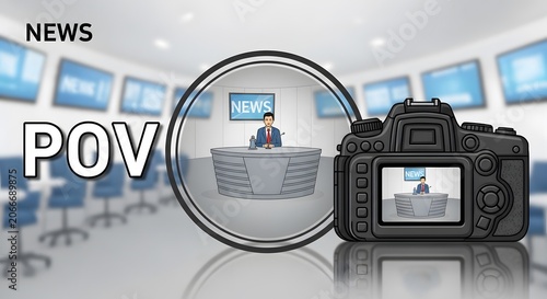 News Studio Pov Camera View in Modern Broadcast Center
