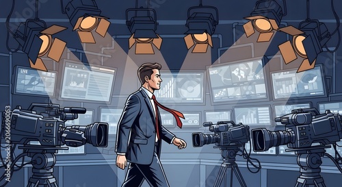 News Studio Scene with Man in Suit Walking Between Cameras