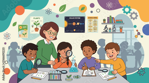 A teacher and students doing science experiments with equipment