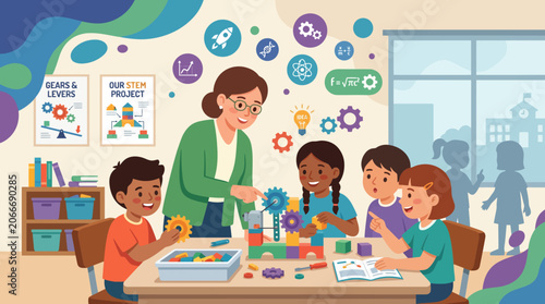 A teacher guides diverse students in a classroom activity with educational toys and books