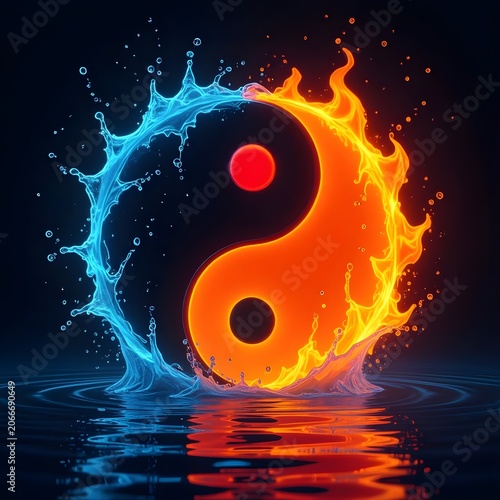 High Resolution Fire and Water Yin Yang Symbol with Reflective Surface Representing Balance Harmony and Opposite Energies