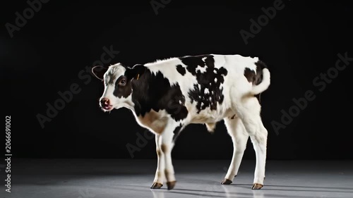Young Holstein Calf Walking on Studio Floor Against Black Background, Ideal for Agricultural Marketing and Dairy Industry Promotions.