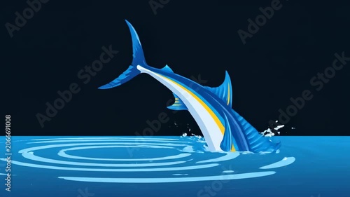 Blue Marlin Jumping with Water Splash on Black Background, perfect for fishing and marine themes.