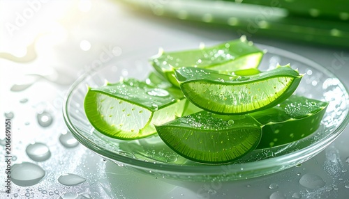 green aloe vera gel slices on a clean glass plate, water droplets, 