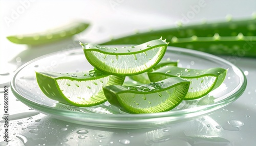 green aloe vera gel slices on a clean glass plate, water droplets, 