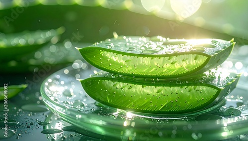 green aloe vera gel slices on a clean glass plate, water droplets, 