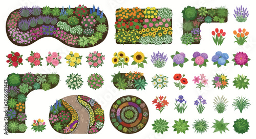 Floral arrangements and garden beds colorful vector illustration on white background