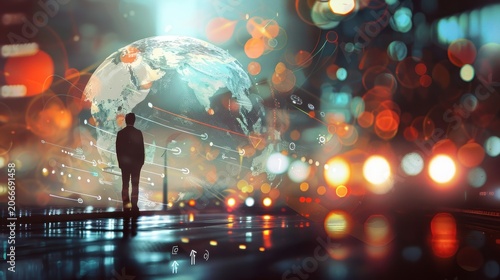 Cityscape with planet earth and person