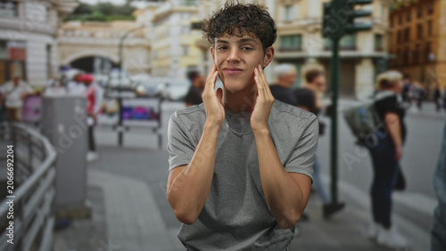 Foto Teen boy touching cheek with hand, grimacing while standing on a busy street with passersby; awkward introspection