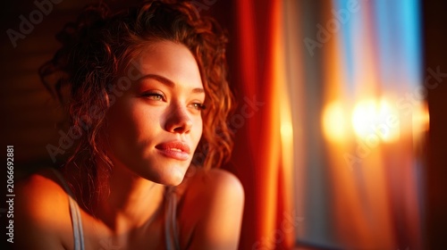 A contemplative woman gazes thoughtfully at a breathtaking sunset from a window, capturing a serene moment filled with introspection and emotional depth.