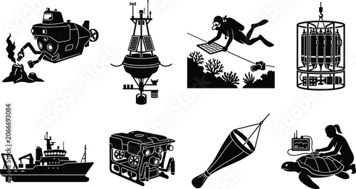 Tableau sur toile Vector silhouettes of oceanographic research tools and marine science activities