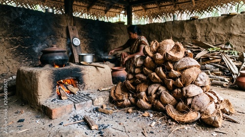 Stack of dry brown coconut shell pol katu husks fuel for stove