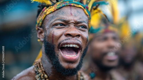 A passionately expressive dancer participates in a lively celebration, showcasing traditional attire and embodying the spirit of cultural exuberance and joy.