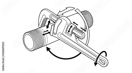 Foto Adjustable wrench tightening a metal pipe fitting connection.