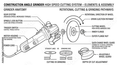 Valokuva Angle grinder tool anatomy and cutting system diagram