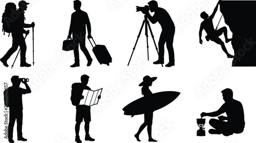 Photography Travel adventure and outdoor recreation silhouette icons set featuring hiking tr