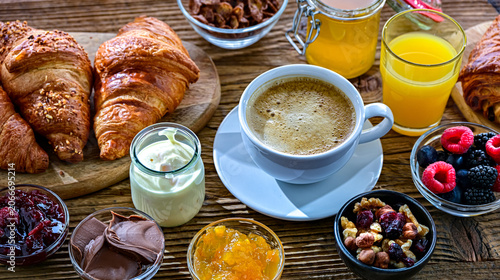Italian breakfast served with croissants orange juice and coffee