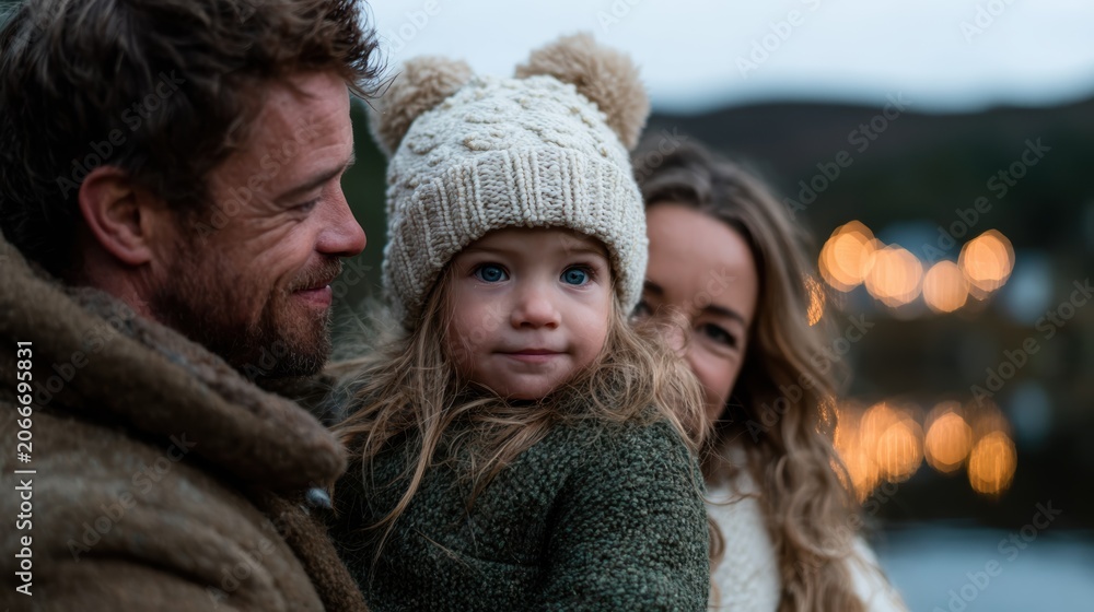 Fototapeta premium A family portrait filled with love and warmth, featuring a child smiling happily with their parents against a serene lakeside backdrop, perfect for capturing life's tender moments.