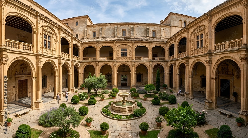 Fototapeta premium Historic Courtyard with Fountain and Arches, Spanish Architecture, Salamanca