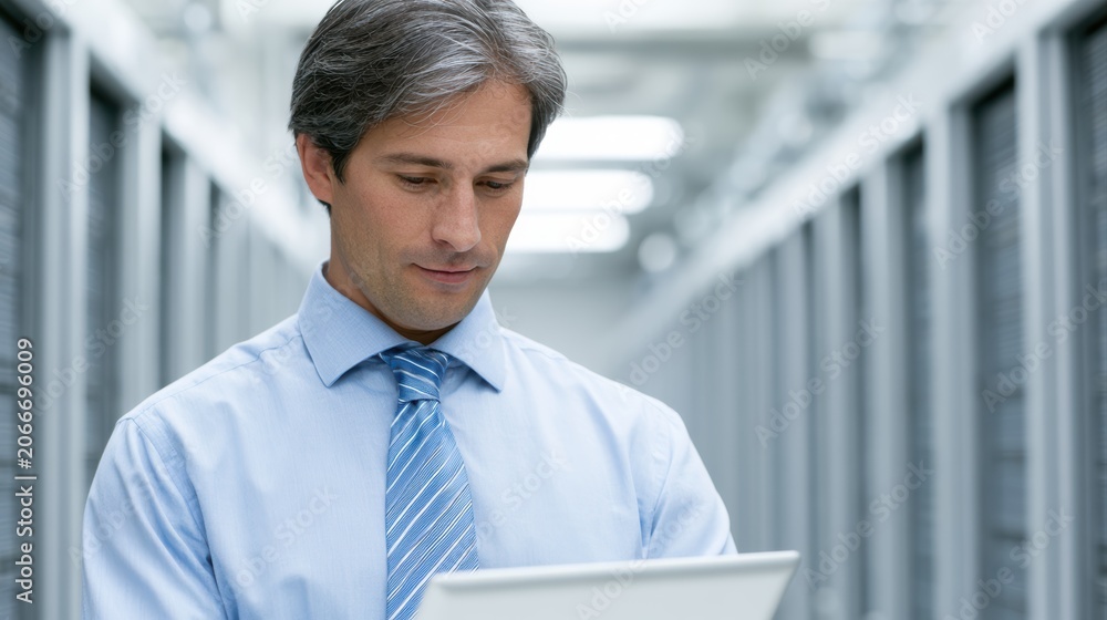 Fototapeta premium Experienced information security manager evaluating risk alerts and network protection systems in a data center corridor
