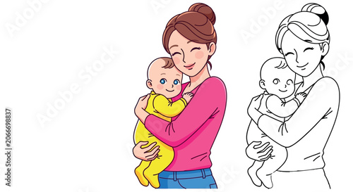 Bilde på lerret Loving Cartoon Mother Cradling Her Happy Baby with Affectionate Smile