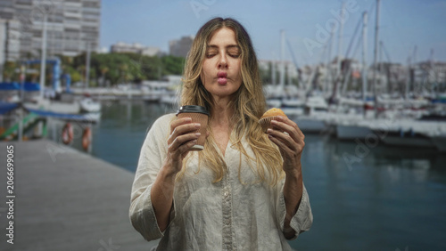 Fotografía Woman holding coffee cup and muffin with mouth puckered in a kiss gesture on a building lined marina pier; playful morning ritual