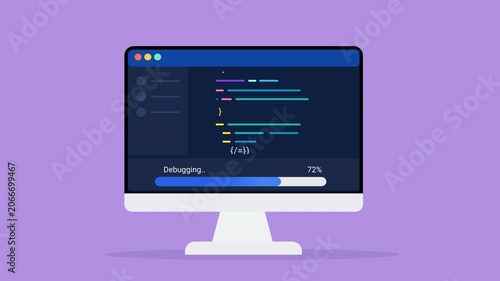Animated flat vector illustration of a desktop monitor displaying source code, debugging status, and progress tracking. Modern software troubleshooting and programming workflow concept.