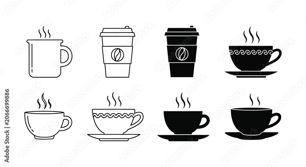 Obraz premium Coffee Cups And Steam Lines Black And White Vector Illustration