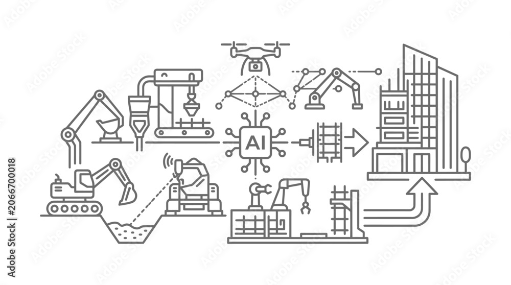 Fototapeta premium AI robotic construction site with drones and machinery.