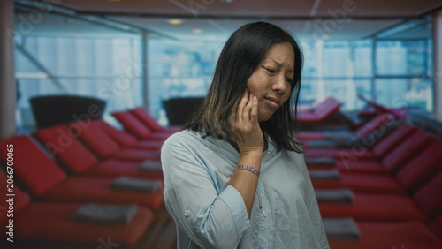Foto Woman with hand on cheek in lounge building by red loungers, touching jaw in mild pain; toothache concern