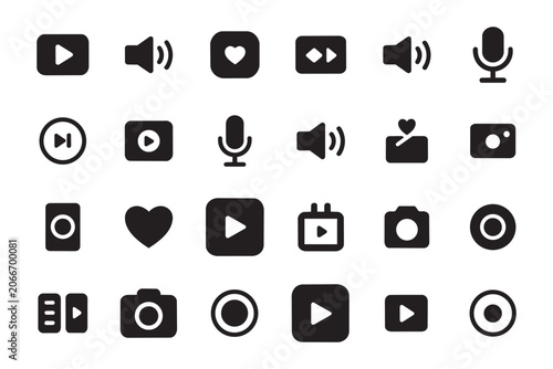 Foto Black minimalist digital media interface buttons, functional icons for video playback sound settings photography and social likes on transparent grid