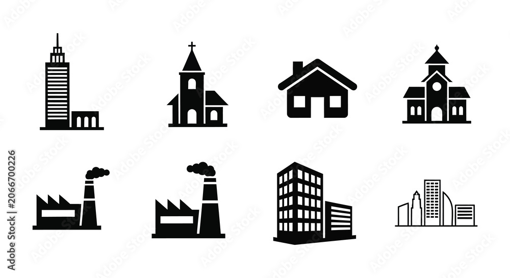 Fototapeta premium Building silhouettes collection black and white flat icons on white background