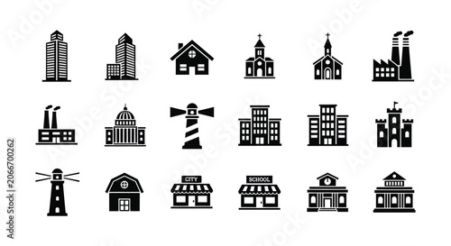 Fotografia Building Silhouettes Collection Flat Black Icons On White Background