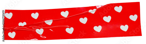 Photos Crumpled torn pieces of red background with white heart shape packing tape, adhe