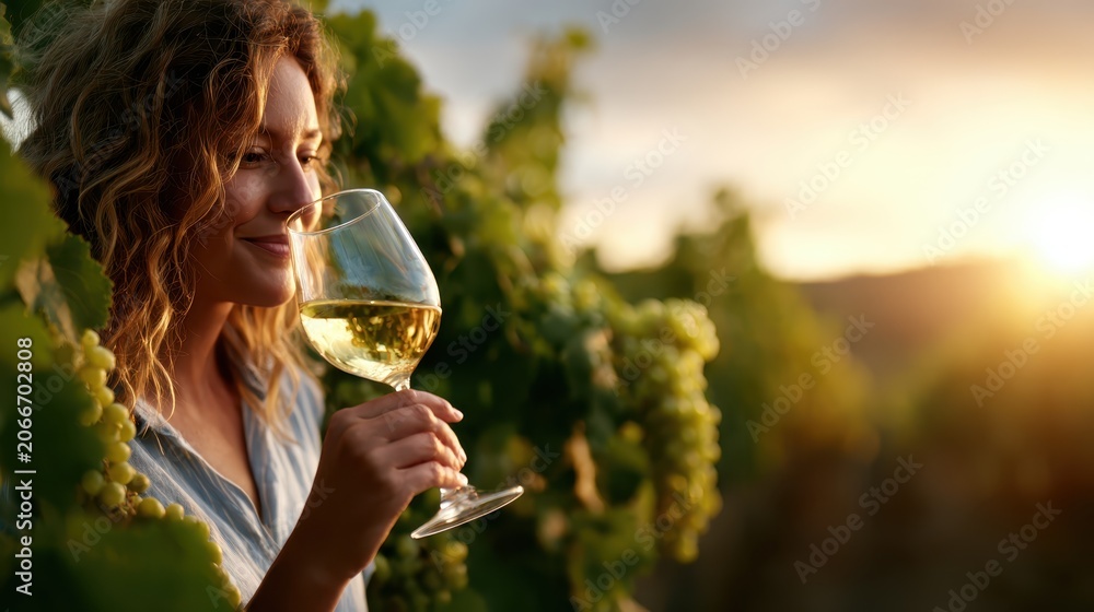Fototapeta premium A woman savoring a glass of white wine amid lush grapevines during sunset, capturing the essence of relaxation and the beauty of nature in a vibrant vineyard setting.