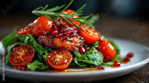 A vibrant and colorful salad featuring fresh greens, cherry tomatoes, and a sprig of rosemary, artistically arranged to create an appealing and appetizing dish.