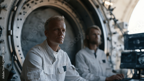 A materials engineering team tests space elevator tether material specimens inside a cryogenic stress chamber, engineers logging elongation measurements at extreme temperature