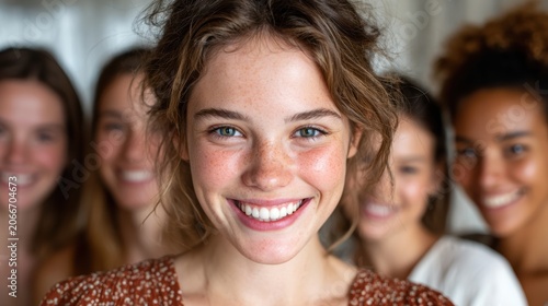 Five joyful young women with smiles and vibrant expressions capture the essence of friendship, happiness, and shared moments, creating an uplifting atmosphere.