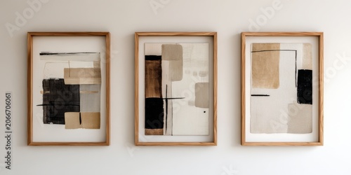 Three framed abstract art pieces with neutral tones and geometric shapes displayed on a white wall.
