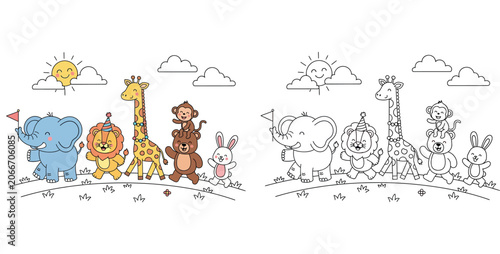 Photography Cute Cartoon Animals Parade Vector Illustration - Happy Elephant Lion Giraffe Be