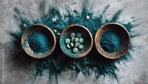 Three Bowls of Spirulina Powder and Tablets on Textured Background.