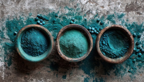 Three bowls of vibrant blue spirulina powder and dried spirulina balls on a textured surface.