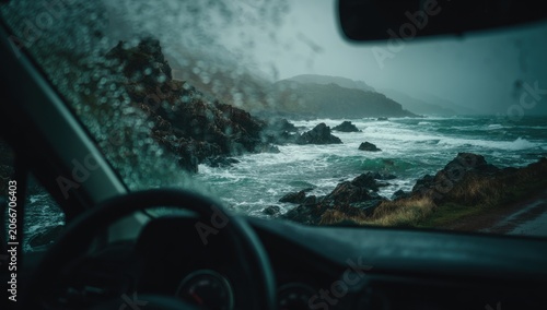 Driving through a stormy coastal landscape with rough seas.