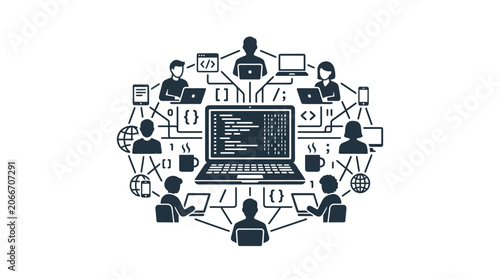 A central laptop surrounded by a network of people working on coding and software development.