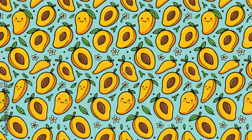 Obraz na plátně Vibrant illustration of numerous halved avocados scattered across a light blue background with green leaves and tiny flowers