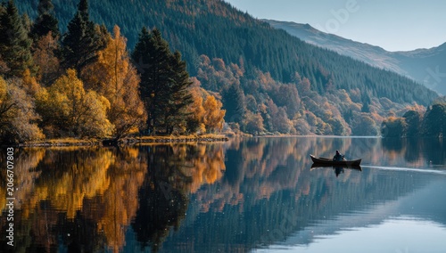 Serene Autumn Lake Reflection with Lone Canoeist.