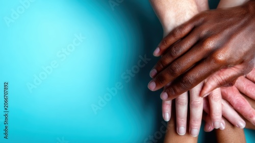 A diverse group of human hands stacked together showcases unity and solidarity, representing the harmony between different cultures and the beauty of collaboration.