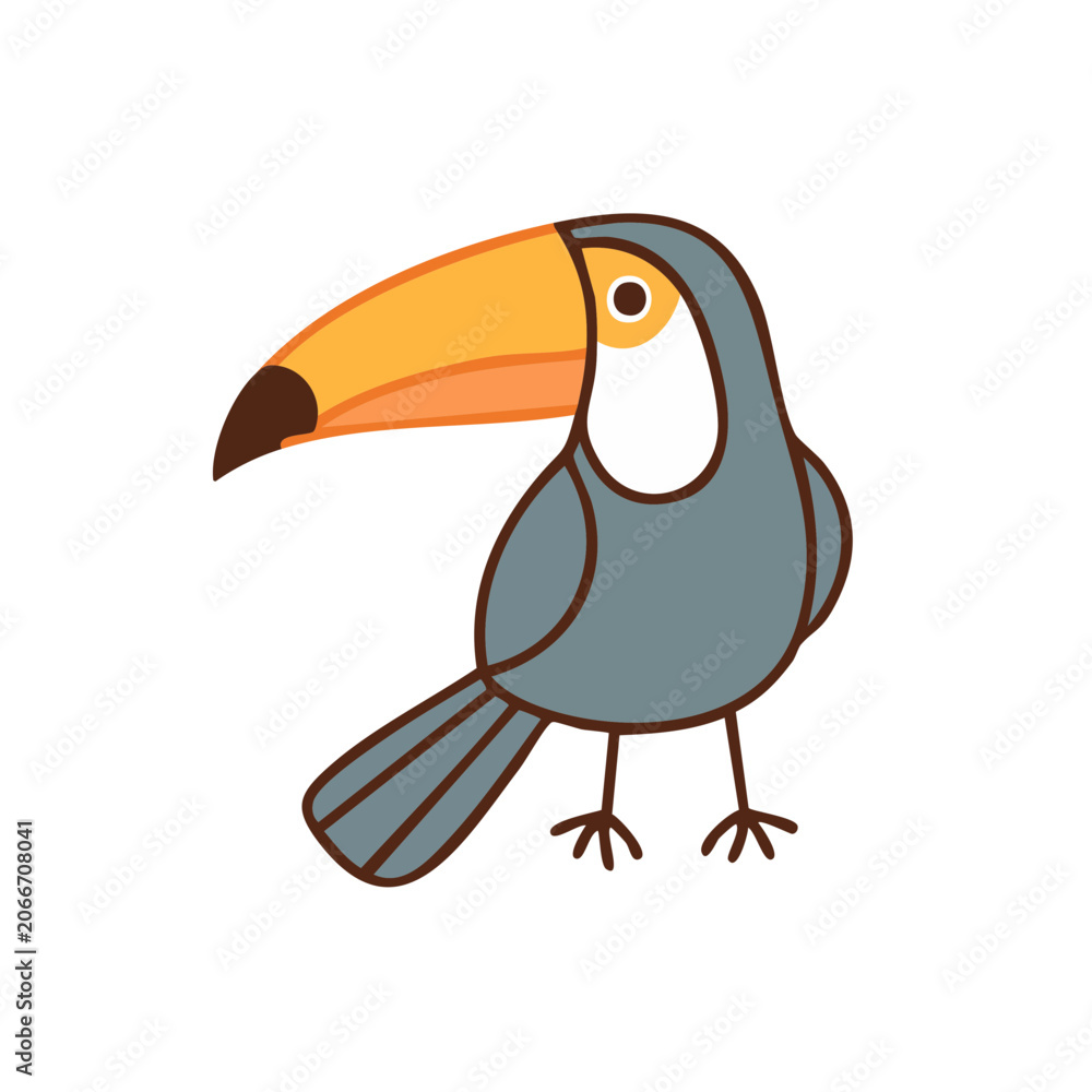 Fototapeta premium Whimsical Cartoon Toucan with Large Orange Beak Isolated on White Background