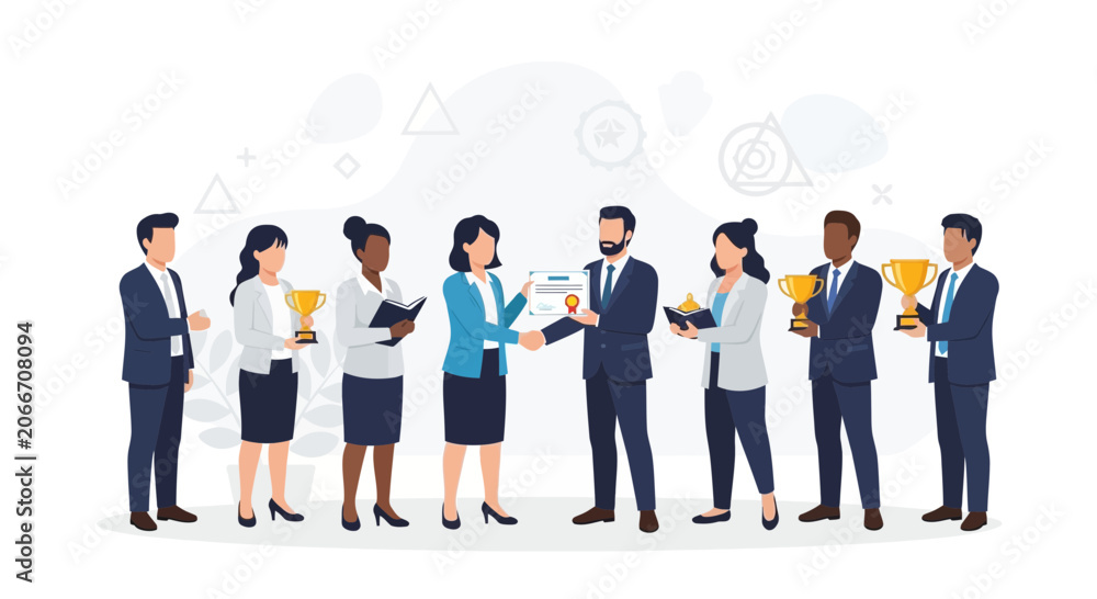 Obraz premium Diverse business people receive awards, certificates, and trophies, celebrating achievement and success in a modern flat illustration.