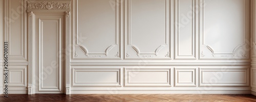 Elegant White Wall Paneling with Classic Architectural Details and Wooden Floor.